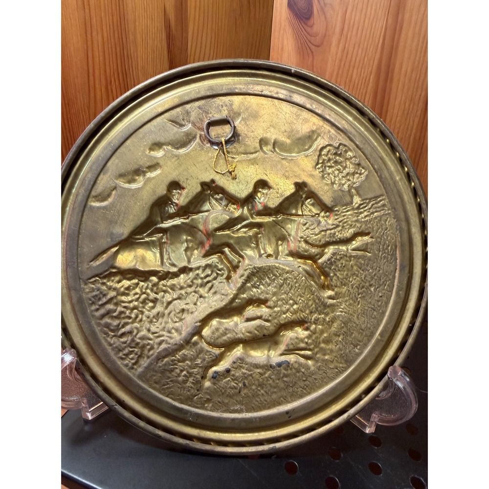 Vintage English Brass Fox Hunting Wall Plaques 8" Set of 2 Made in England - Picture 3 of 8